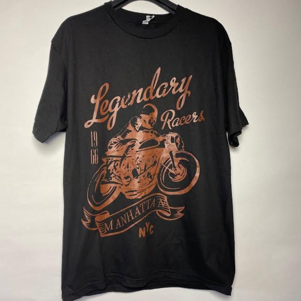 NEW MEN Graphic Tee Legendary Motorcycle Racers Manhattan NYC 1966 Black